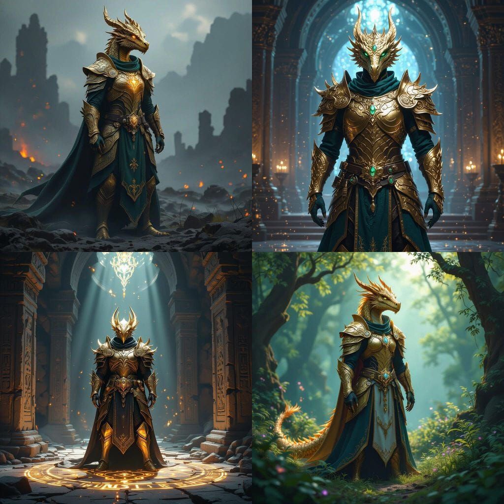 Gold Dragonborn Cleric in Detailed Fantasy Art Style