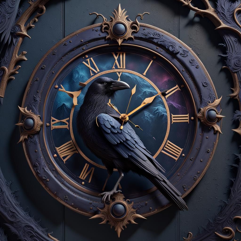 Fantastical Raven Wall Clock: Detailed Matte Painting