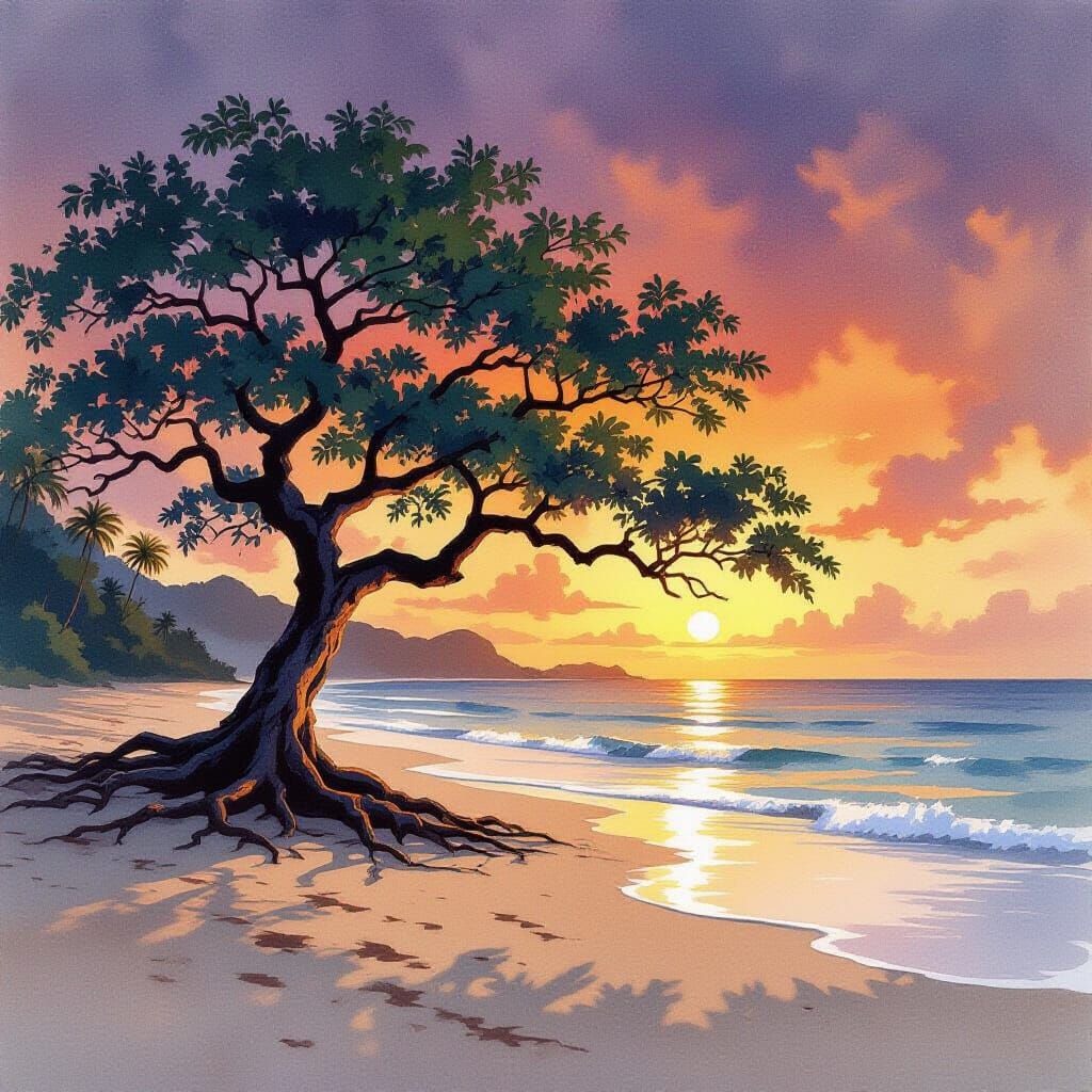 Ancient Banyan Tree on Tropical Beach at Dusk