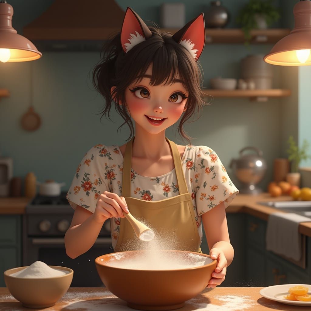 Whimsical Goddess in a Cozy Kitchen Scene