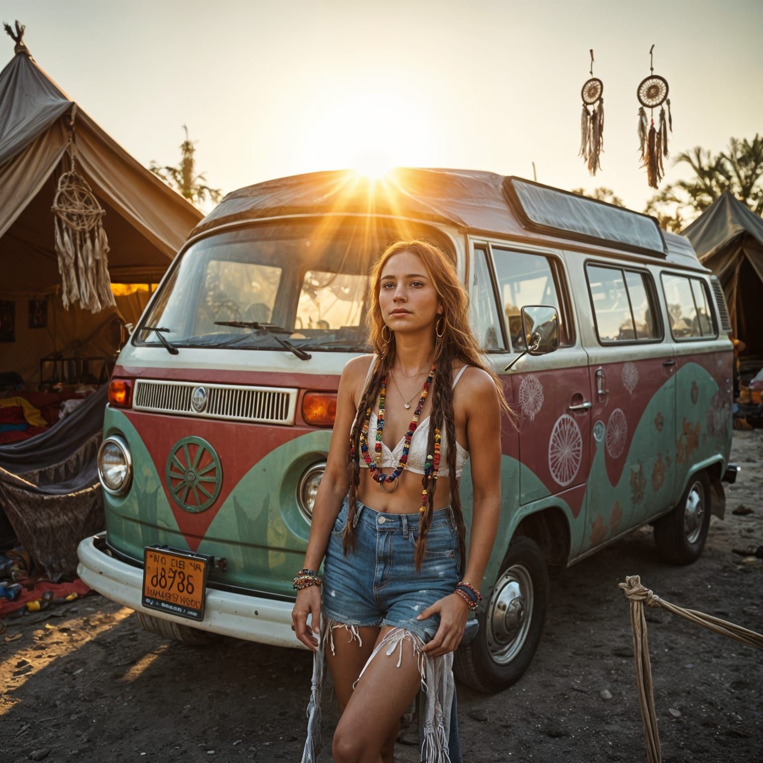 Bohemian Woman with Kombi Van in Hippie Commune
