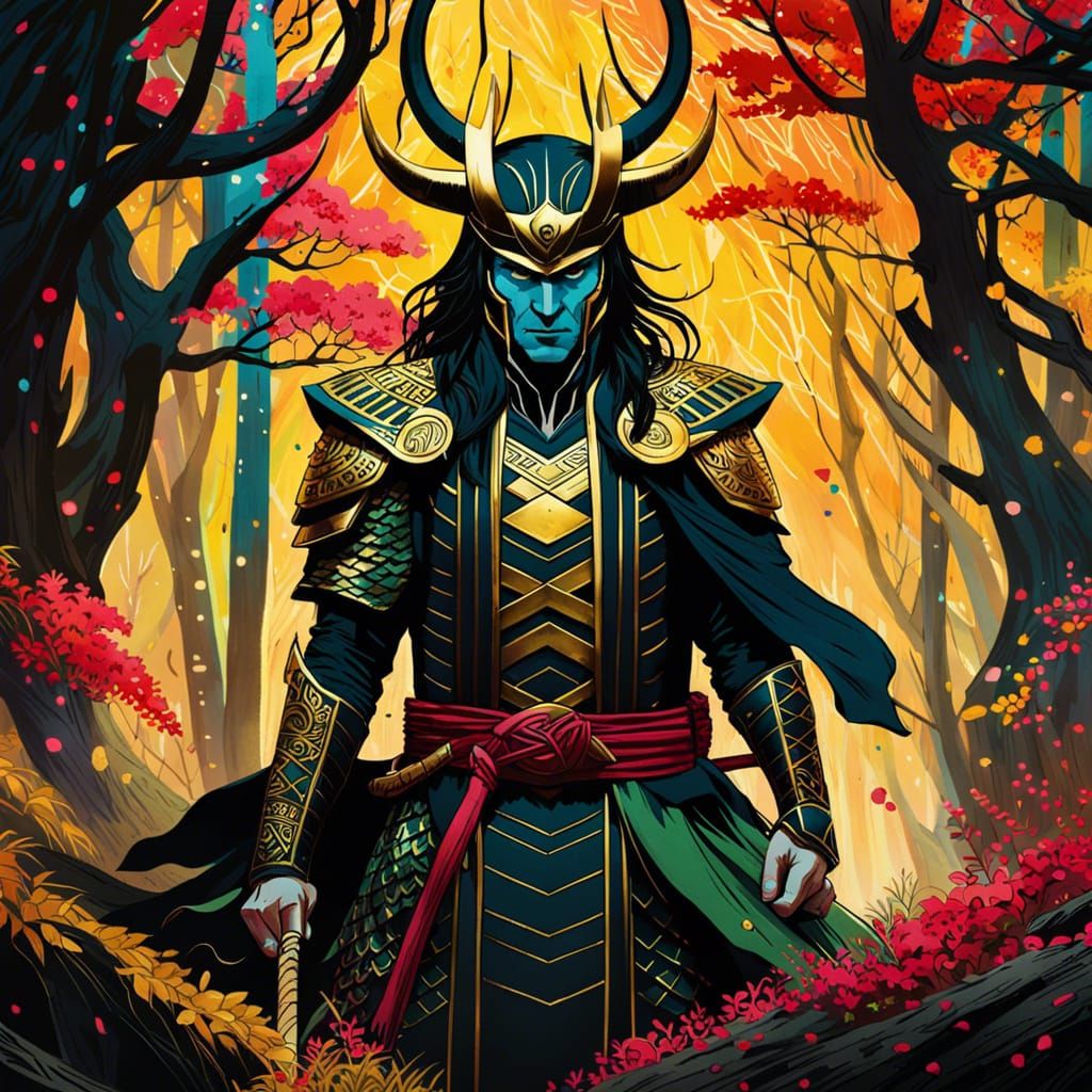 Loki as Samurai in Watercolor Style