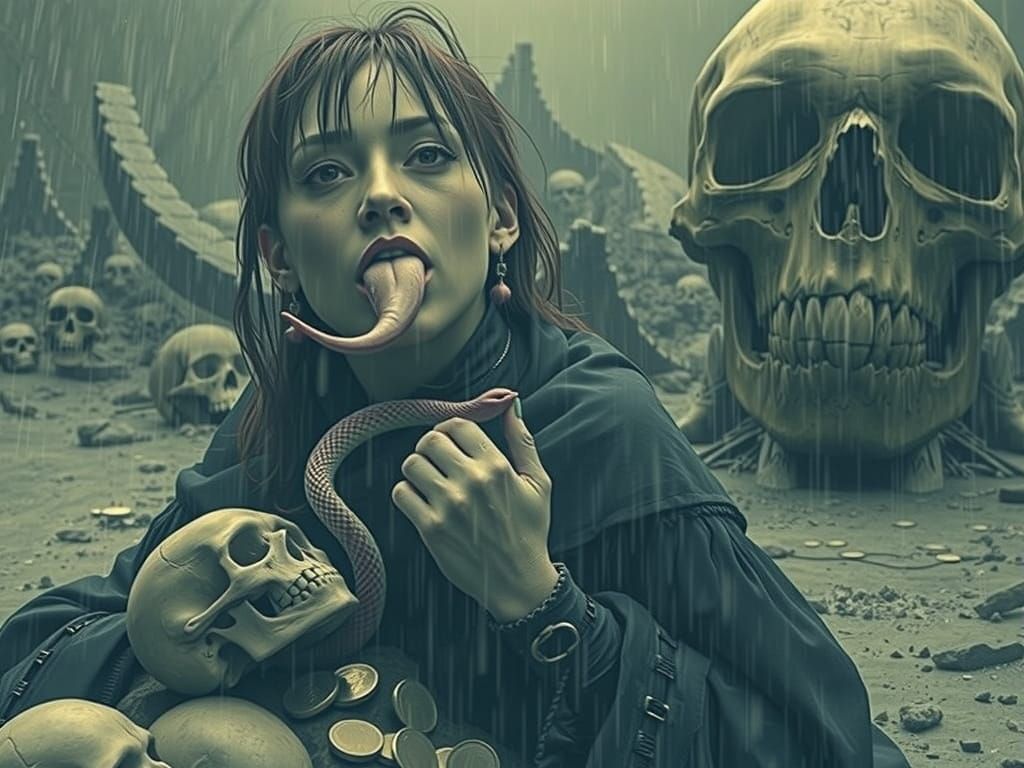 Sinister Woman With Pink Eel Amidst Skulls And Rain