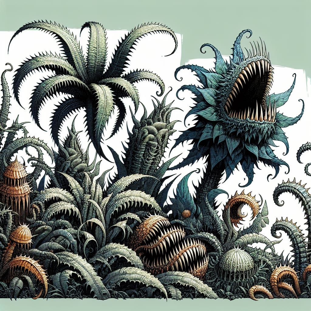 Dense Fantasy Garden Teeming with Deadly Plants in Tradition...