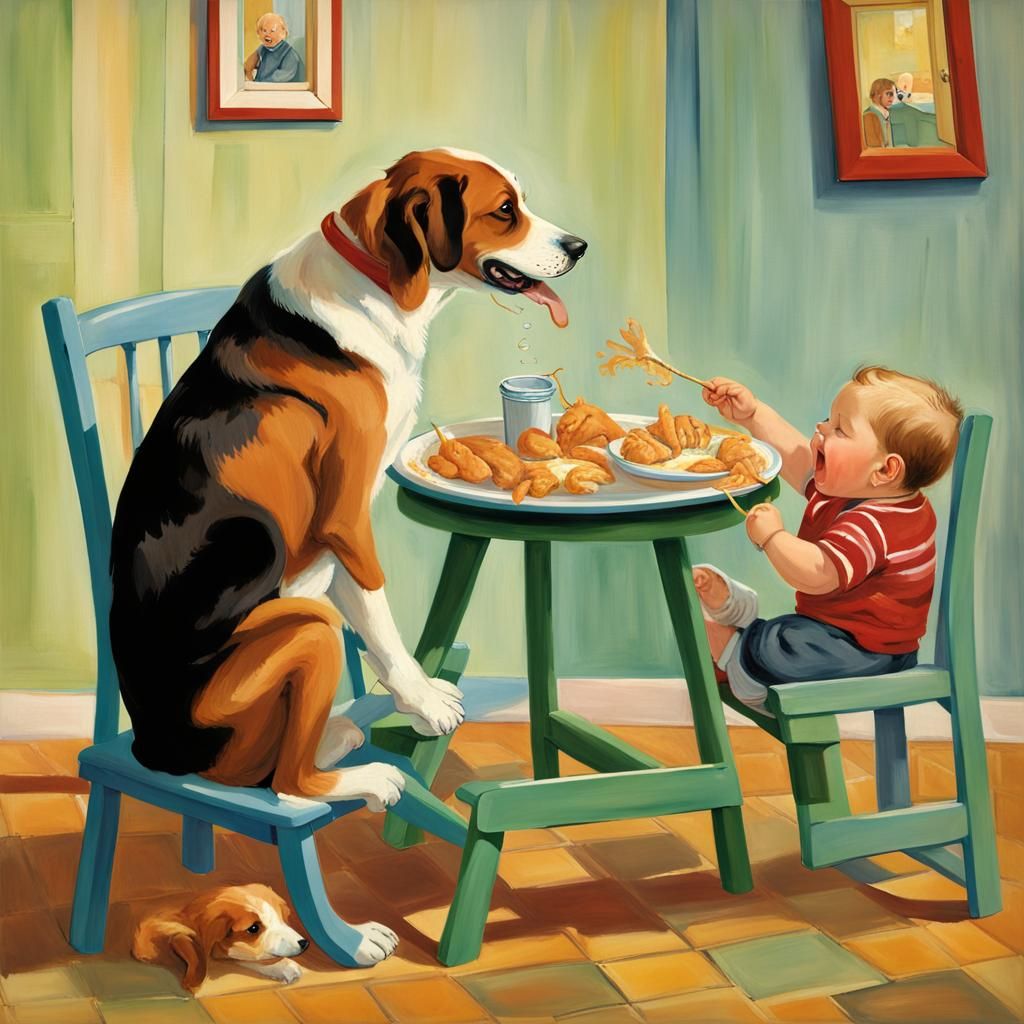 Comical Baby Feeding Dog from High Chair