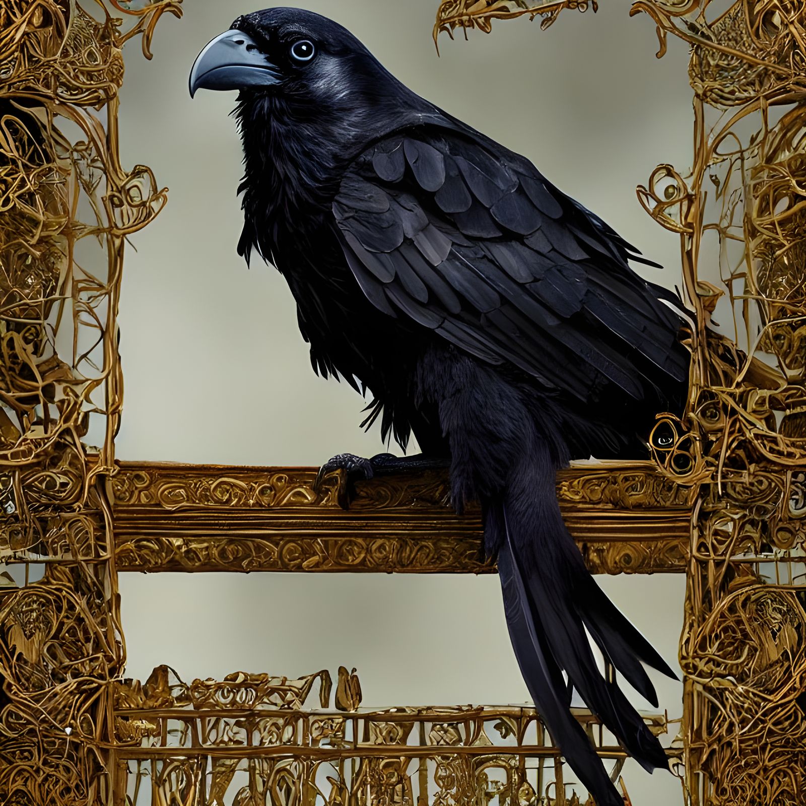 Raven Preening on Cage in Detailed Realism