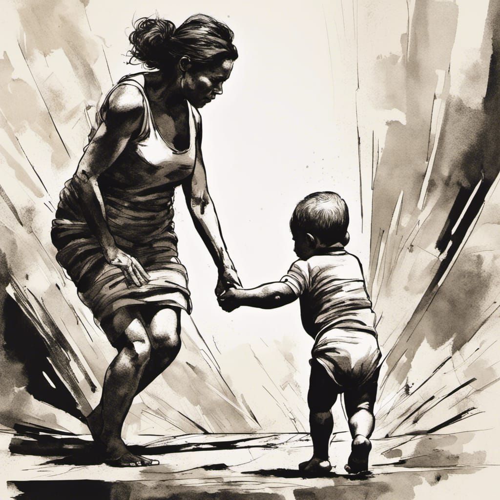 The baby takes its first steps towards its mother