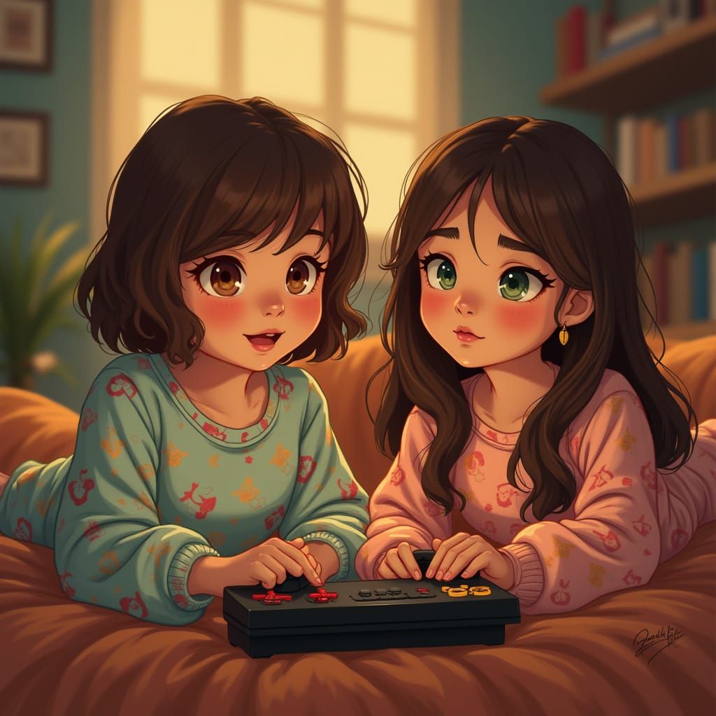 Girls Playing Atari in Cozy PJs