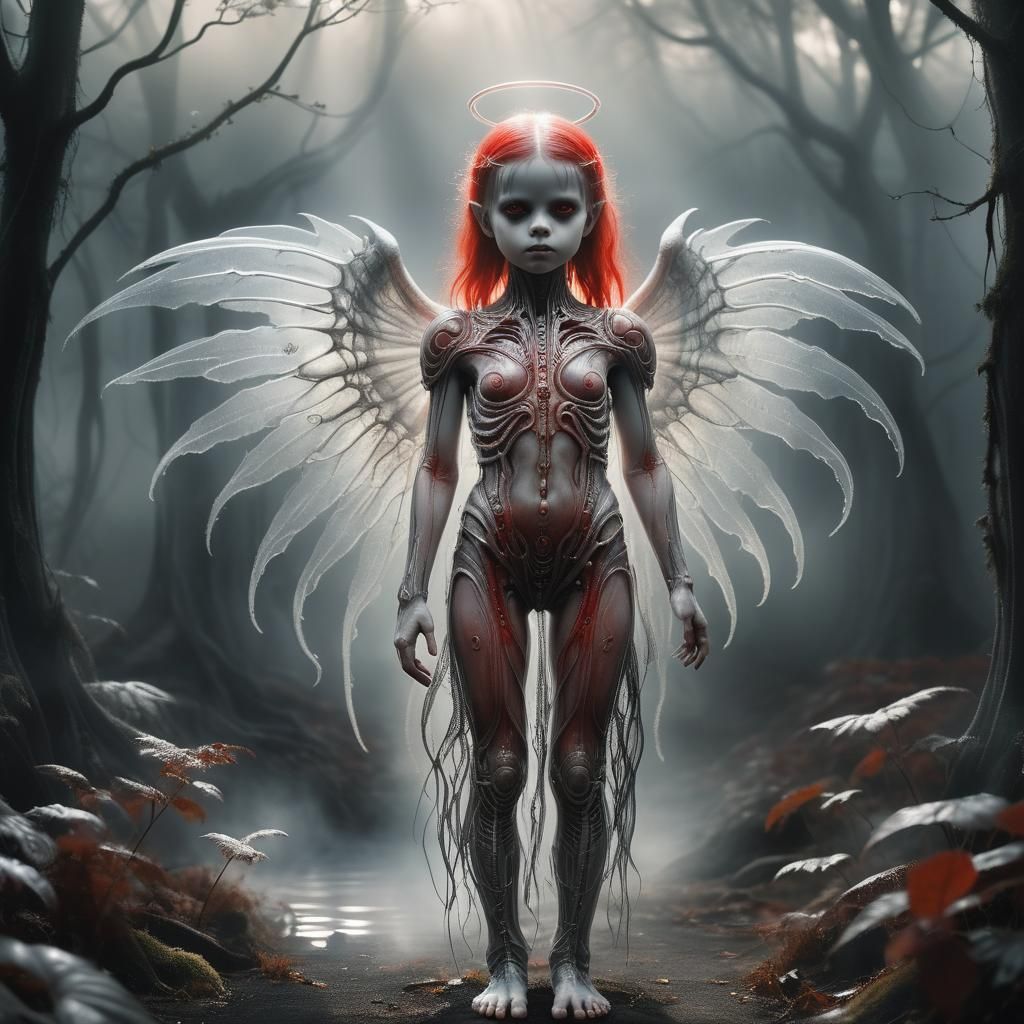 Ethereal Angel Child Portrait in Bio-Mechanical Surrealism