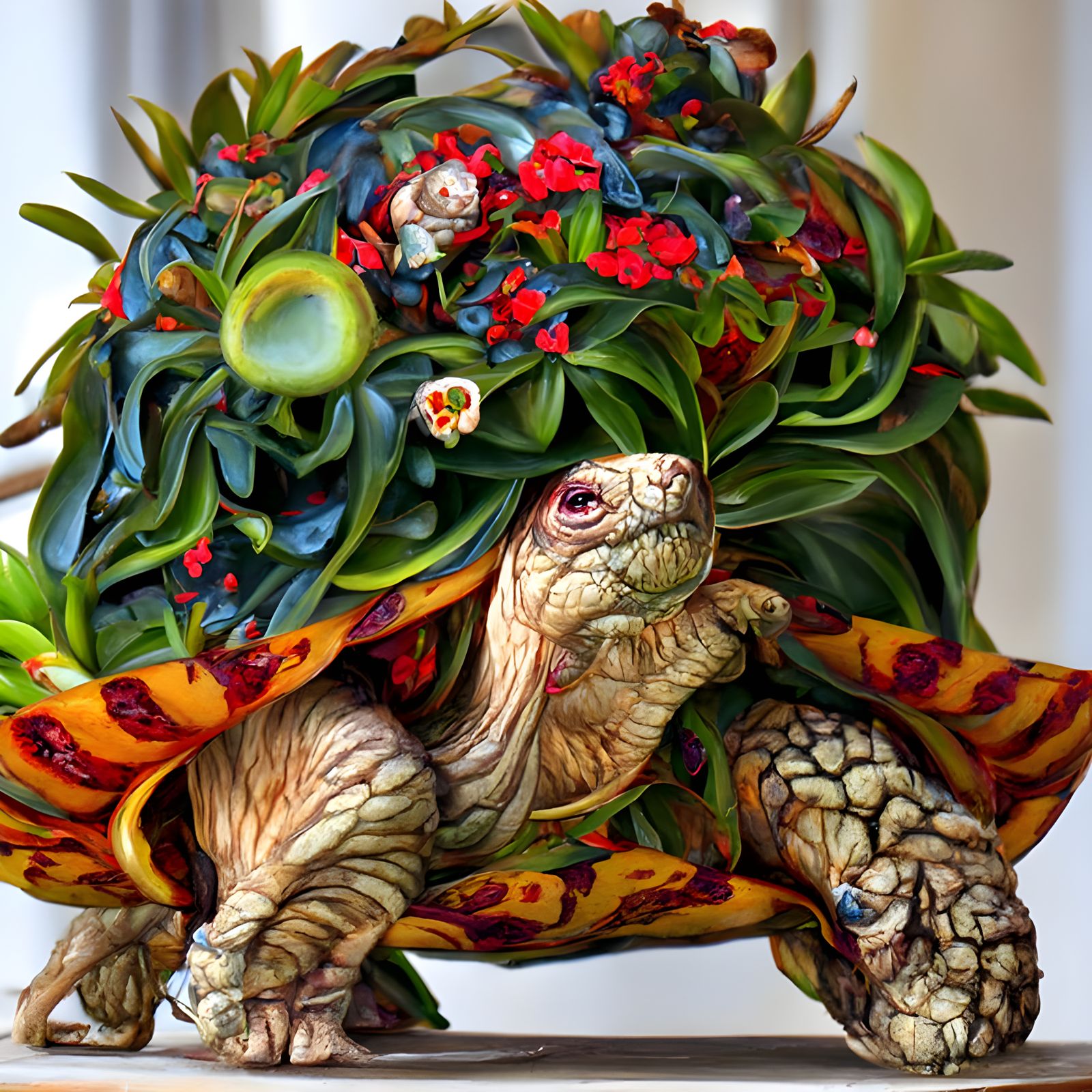 Flowery Tortoise with Exotic Plants, Botanical Art