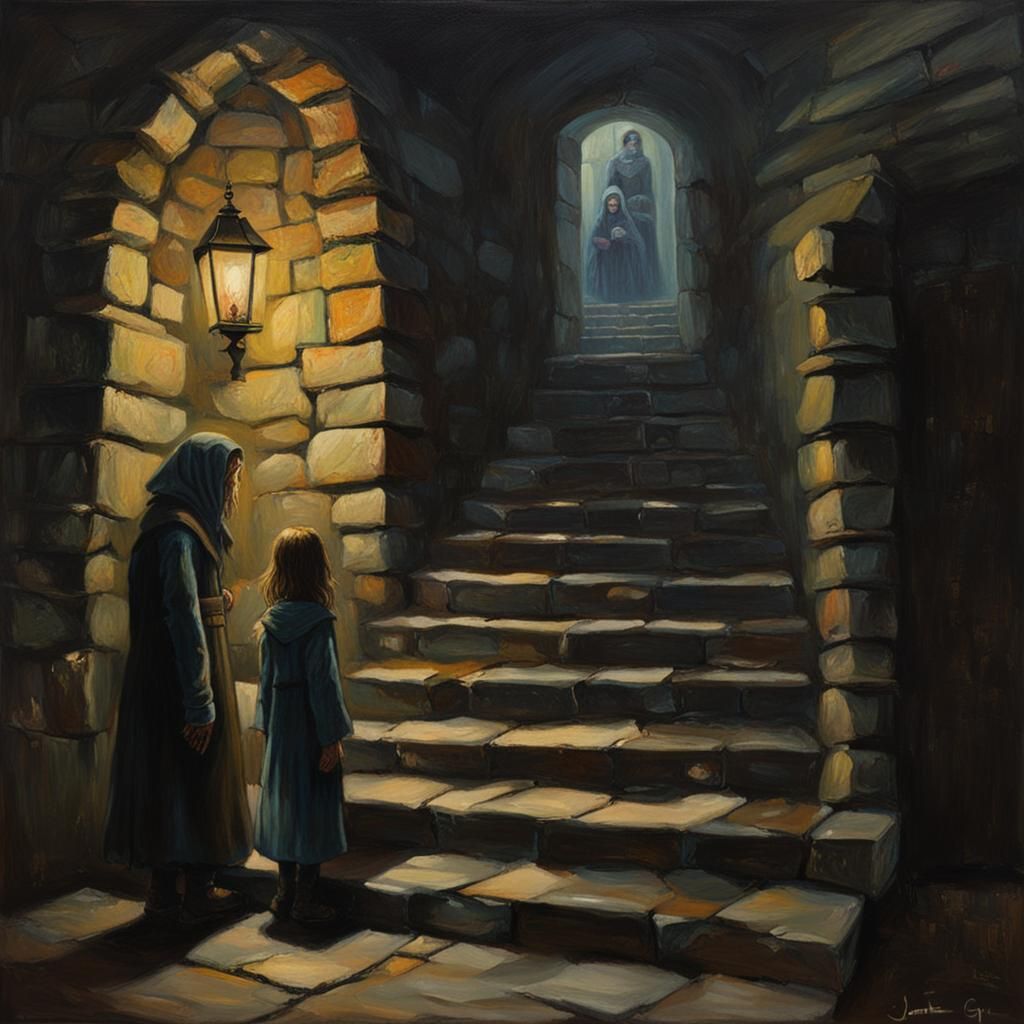 Creepy Stone Stairwell Scene in Oil Painting Style