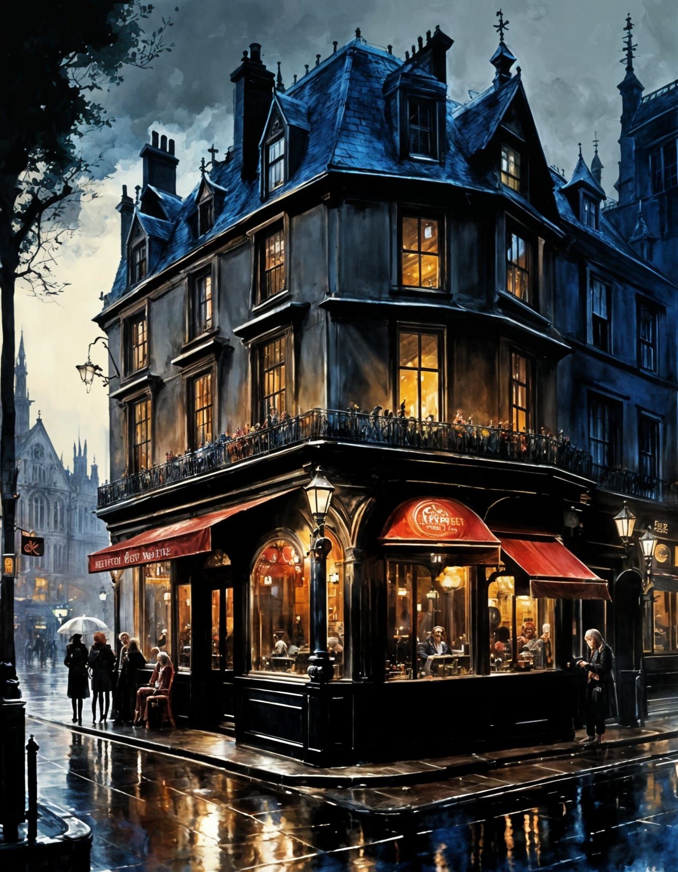 Gothic Cafe: Watercolour Painting in Hyperdetailed Style