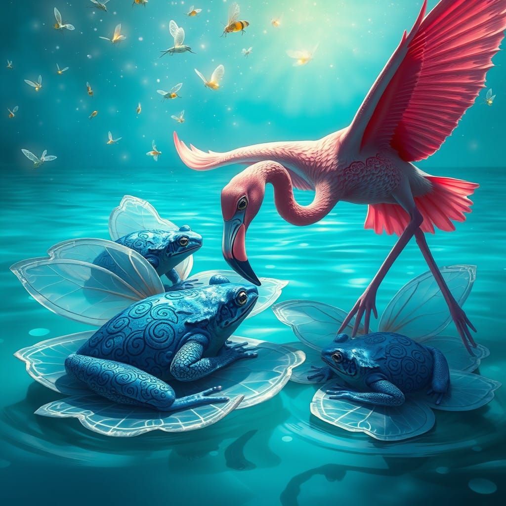 Iridescent Blue Toads Chase by a Flamingo in Turquoise Lagoo...