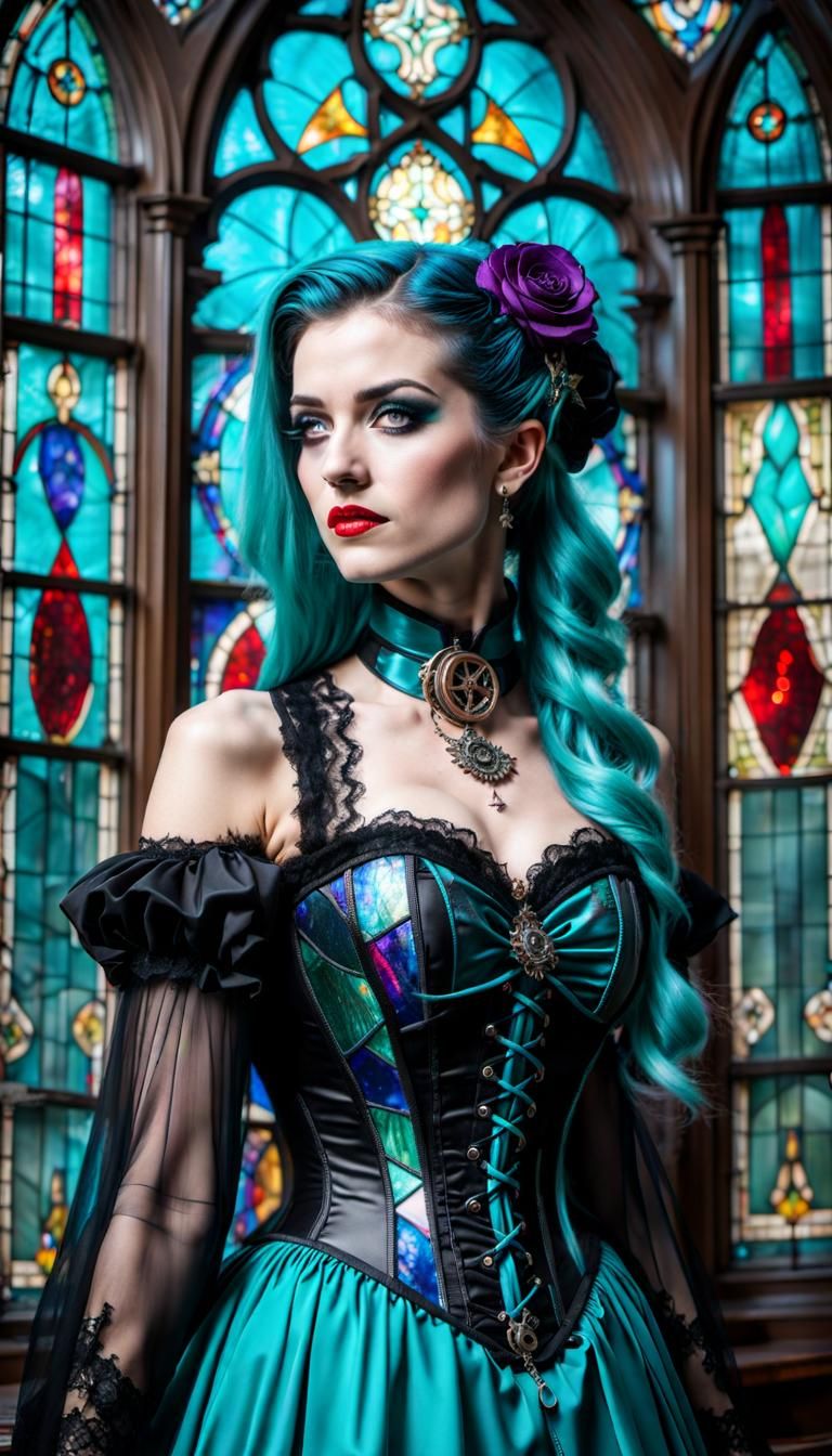 Steampunk Goth Vampire Lady in Turquoise Gown