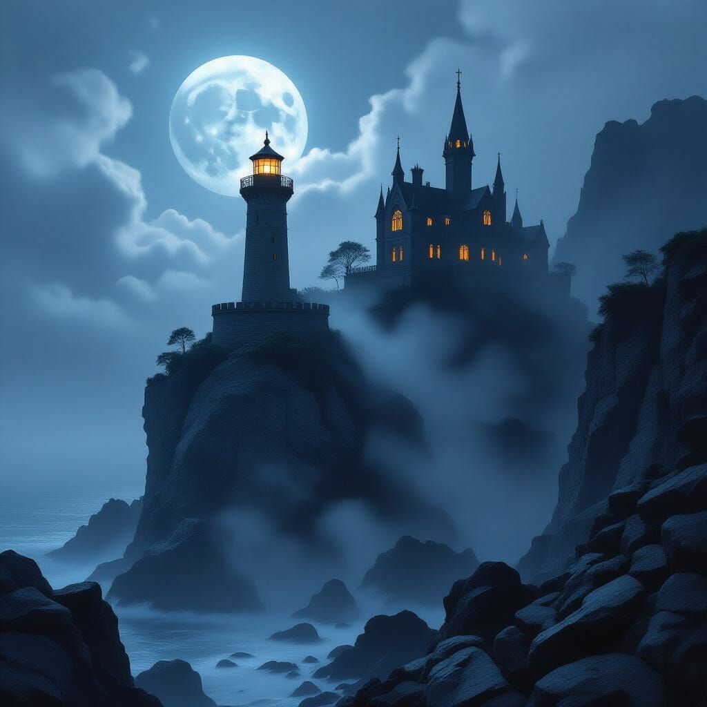 Gothic Lighthouse and Manor in Ethereal Fog