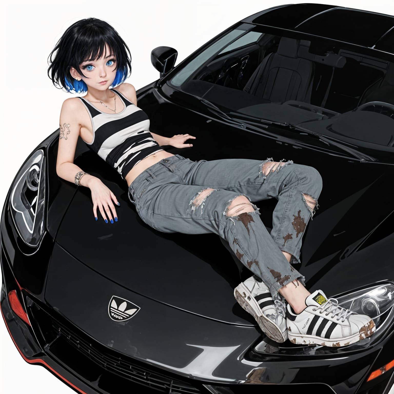 Anime Girl Poses on Sports Car Hood - Studio Trigger Style