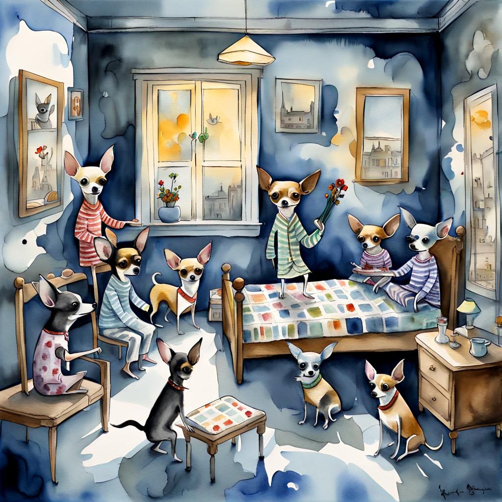 Whimsical Hippie Chihuahuas Play Musical Chairs in a Dark Ac...