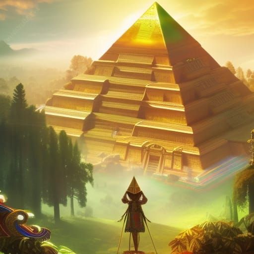 Glowing Aztec Pyramid in Green Forest: 3D Digital Art