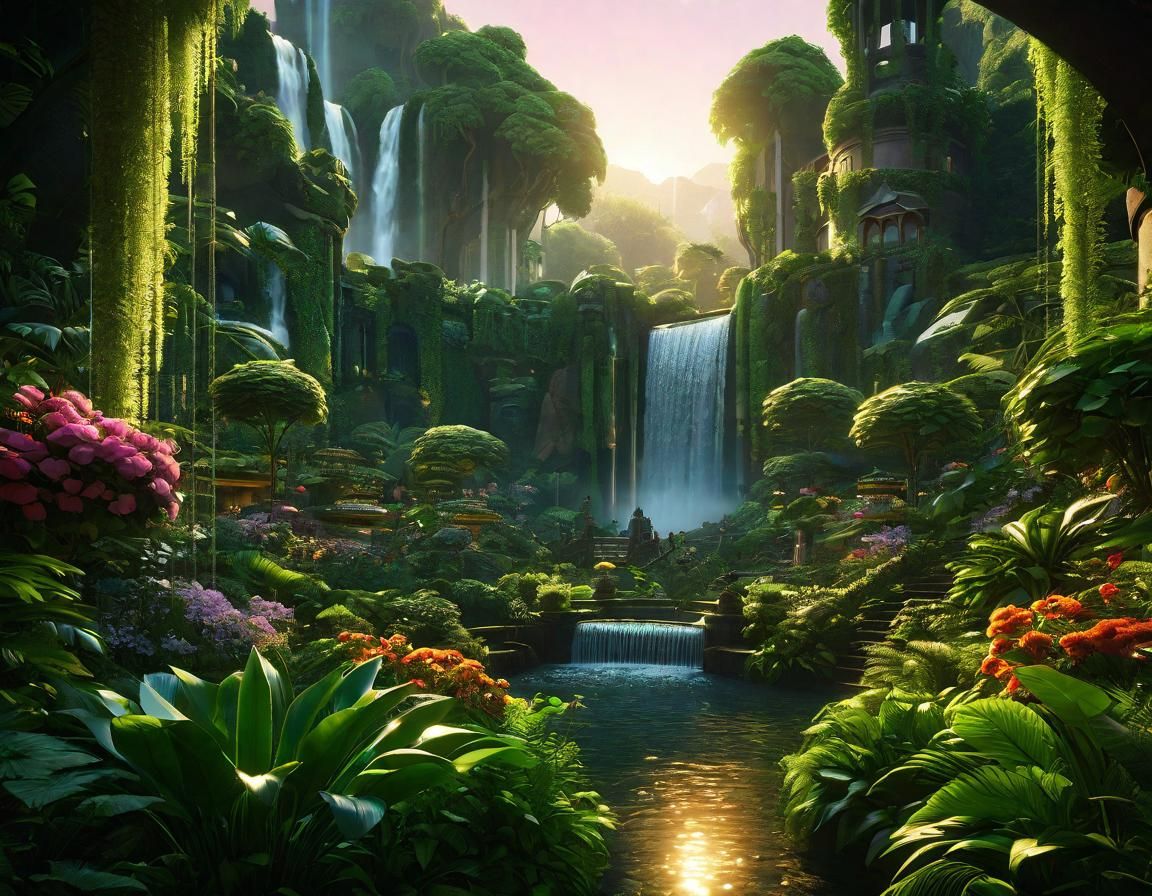Utopian City with Lush Plants and Waterfalls