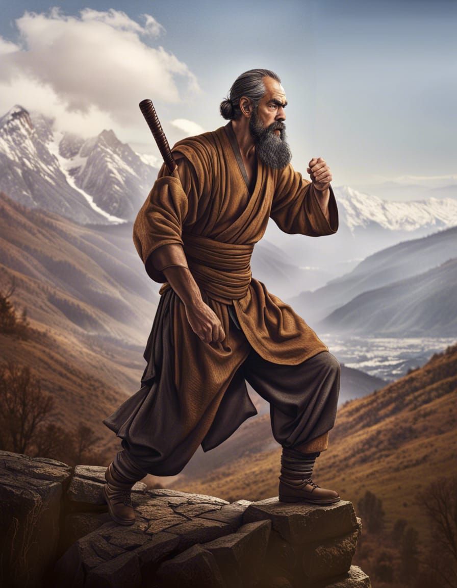 Angry Monk with Scars in Mountain Valley