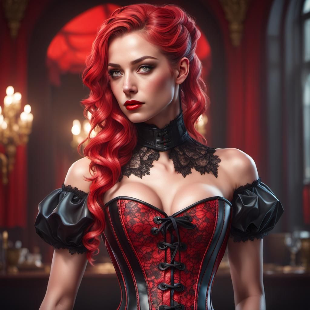 Woman in Red and Black Corset: Hyperdetailed Portrait