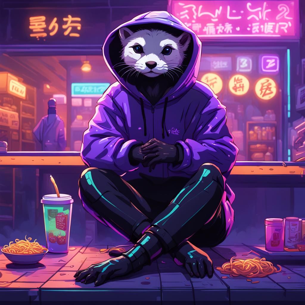 Cyberpunk Otter Lounging in Neon Noodle Shop
