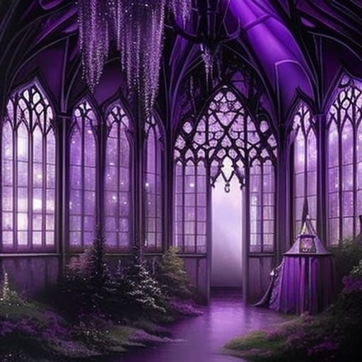 Gothic she shed painted black with purple trimming& decorated with purple Christmas lights& Beautiful Gothic windows& go...