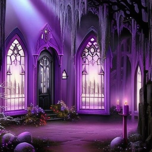 Gothic she shed painted black with purple trimming& decorated with purple Christmas lights& Beautiful Gothic windows& go...