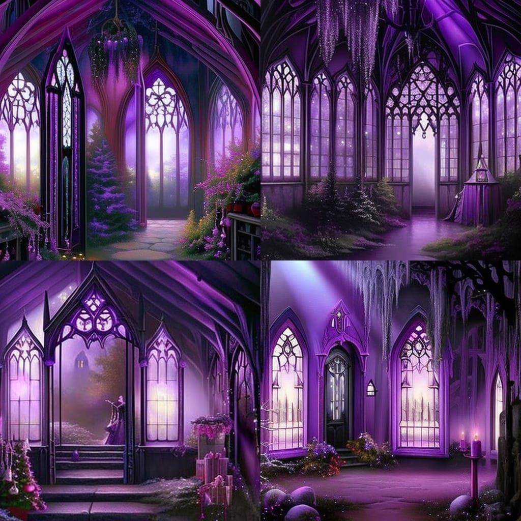 Gothic she shed painted black with purple trimming& decorated with purple Christmas lights& Beautiful Gothic windows& go...