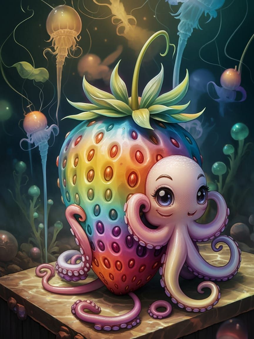 Cute Baby Octopus Cradles Rainbow Strawberry in Underwater S...