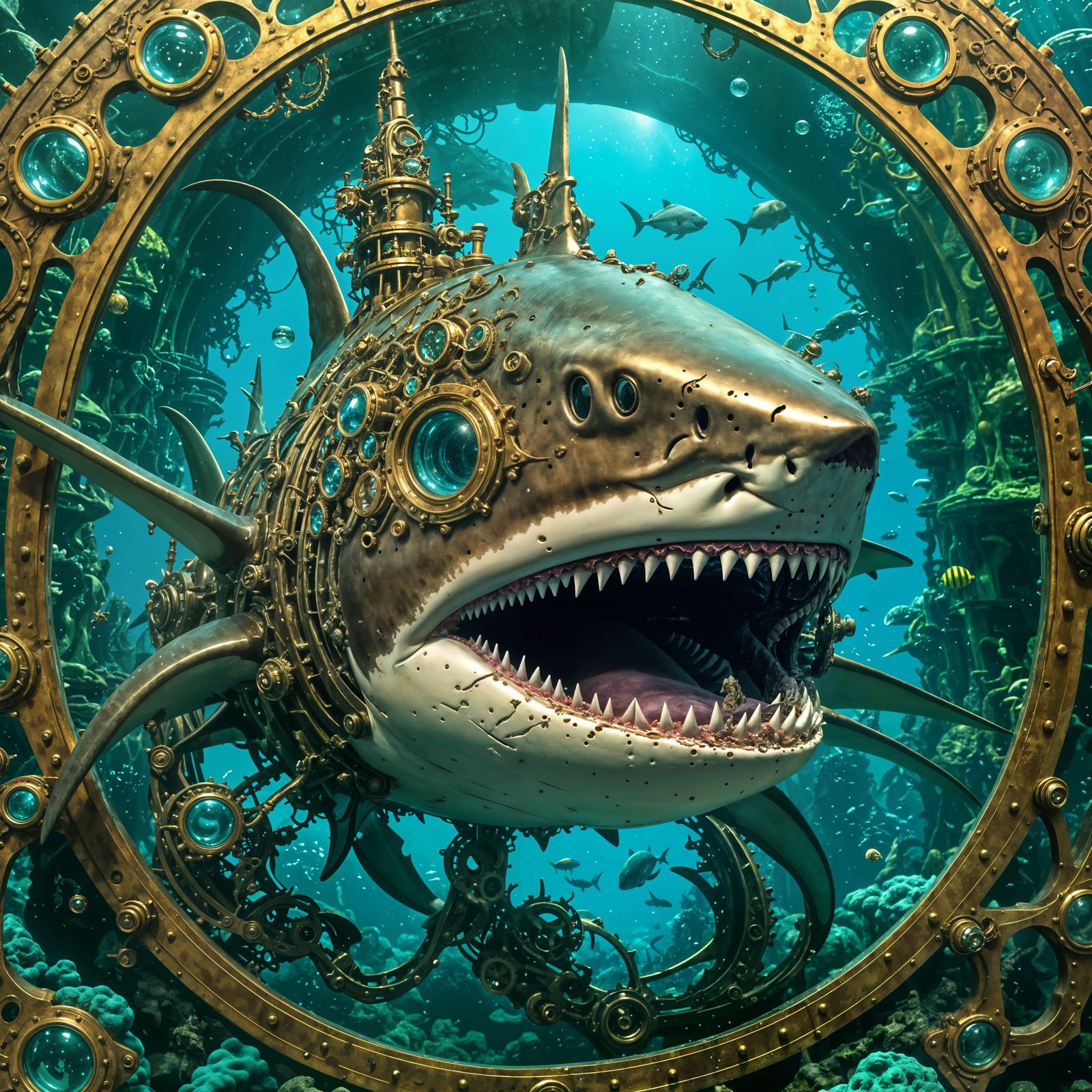 Steampunk Biomechanical Shark in Vibrant Underwater Scene