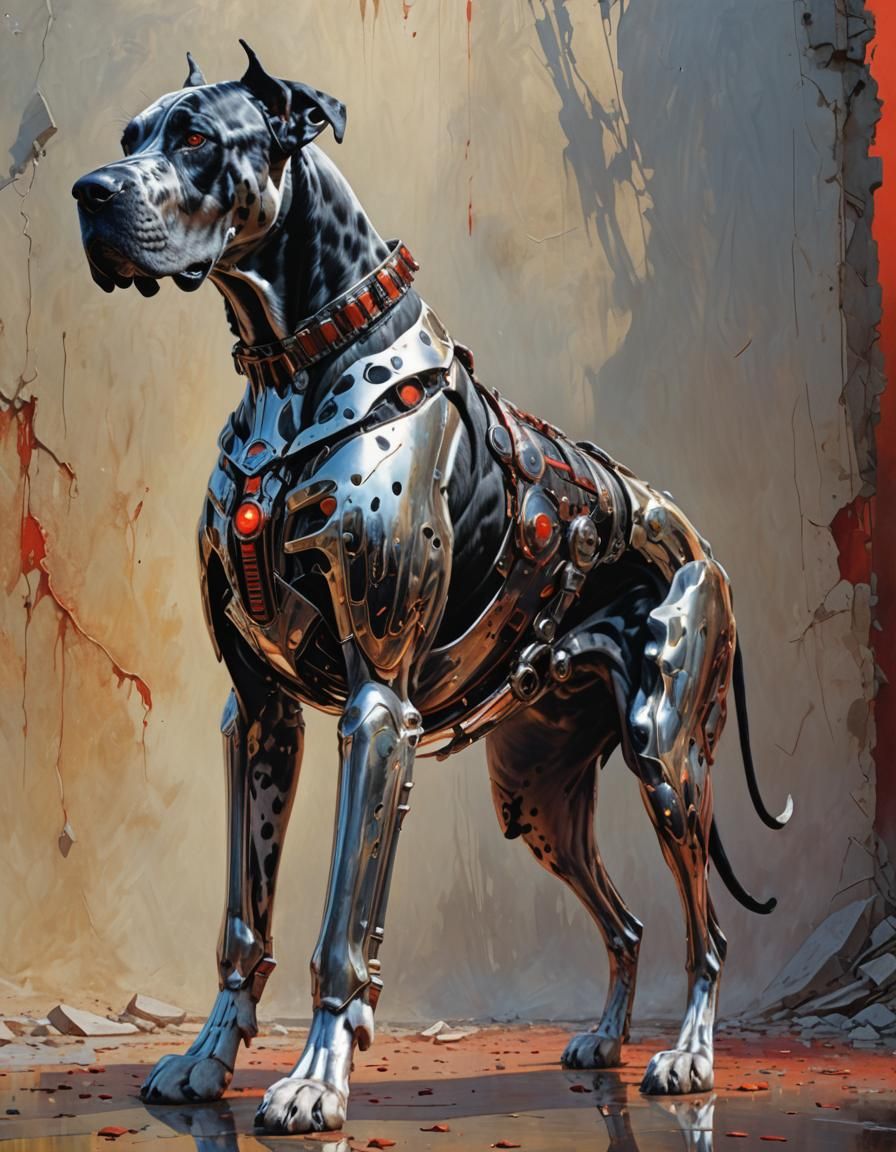 Great Dane with Chrome Exoskeleton in Biopunk Style
