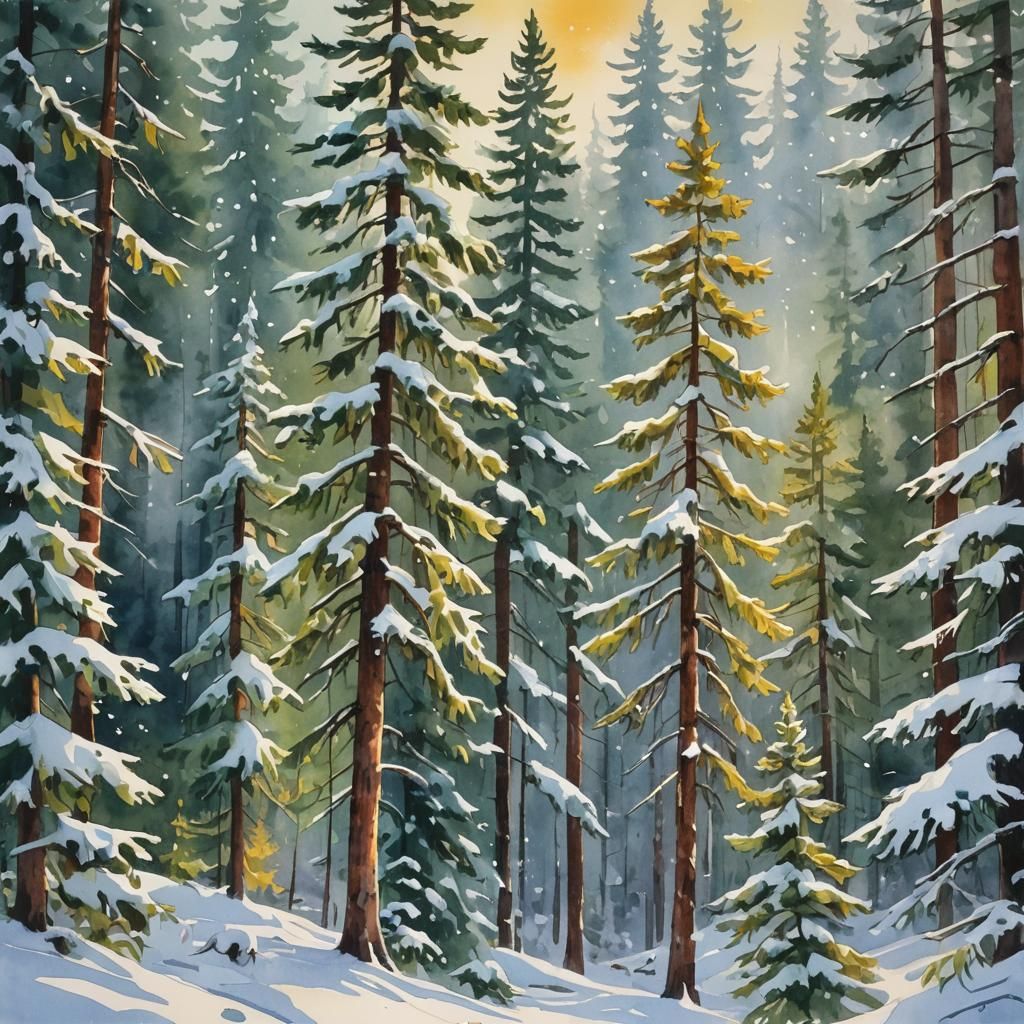 Alaskan Winter Forest in Gouache Watercolor Impressionism