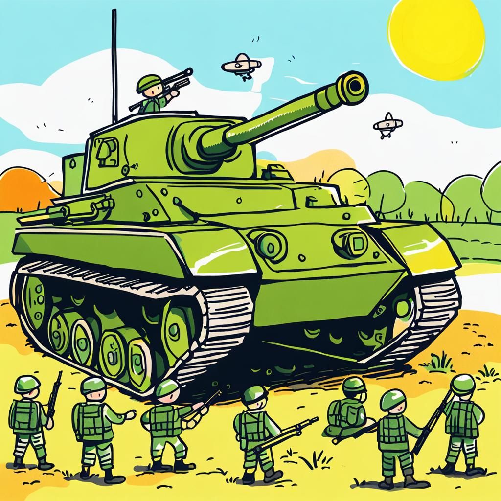 Child's Crayon Drawing of Tank and Soldiers