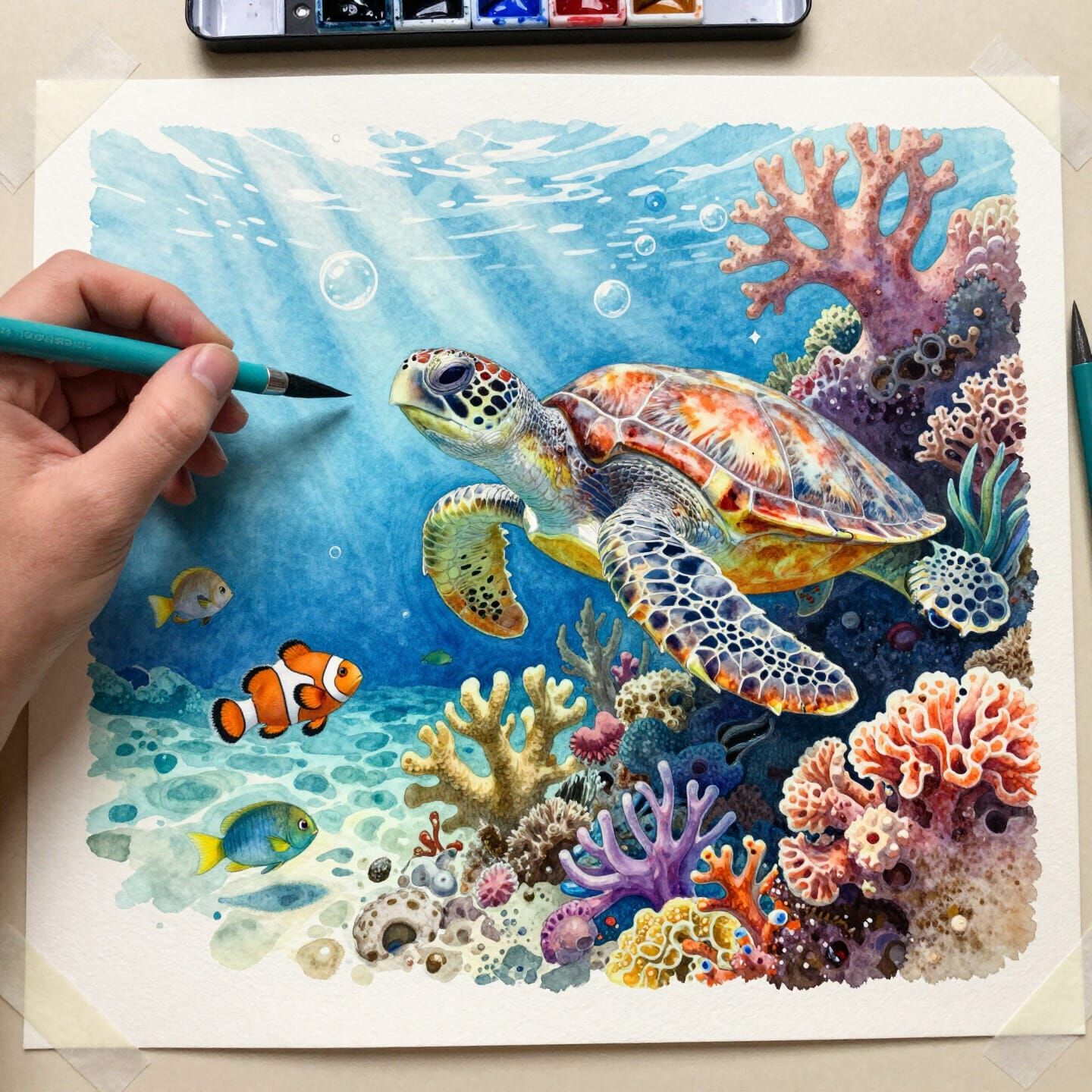 Vibrant Coral Reef Scene Emerging from Watercolor Paper