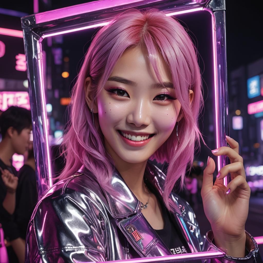 Pink-Haired Girl with Chrome Hand: Hyperrealistic Digital Ar...