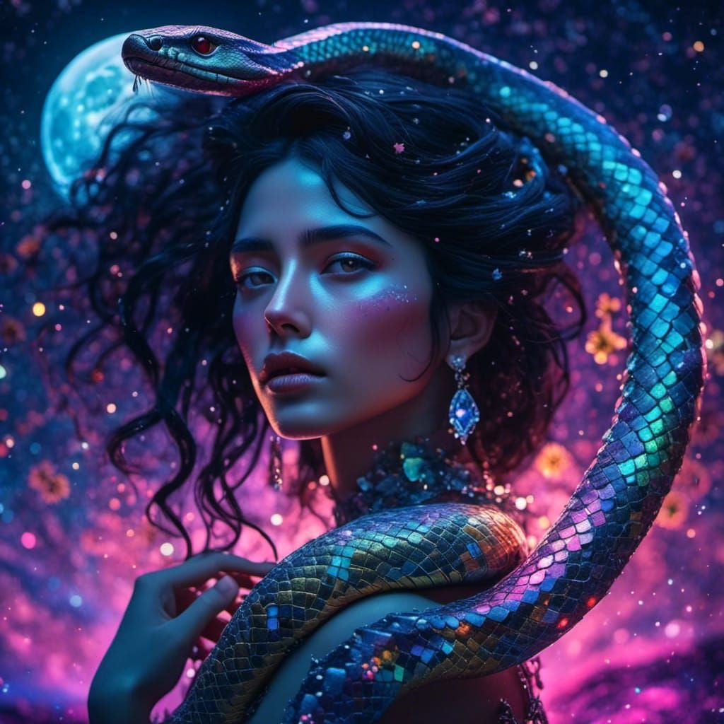 Goddess with Cobra in Hyperrealistic Style