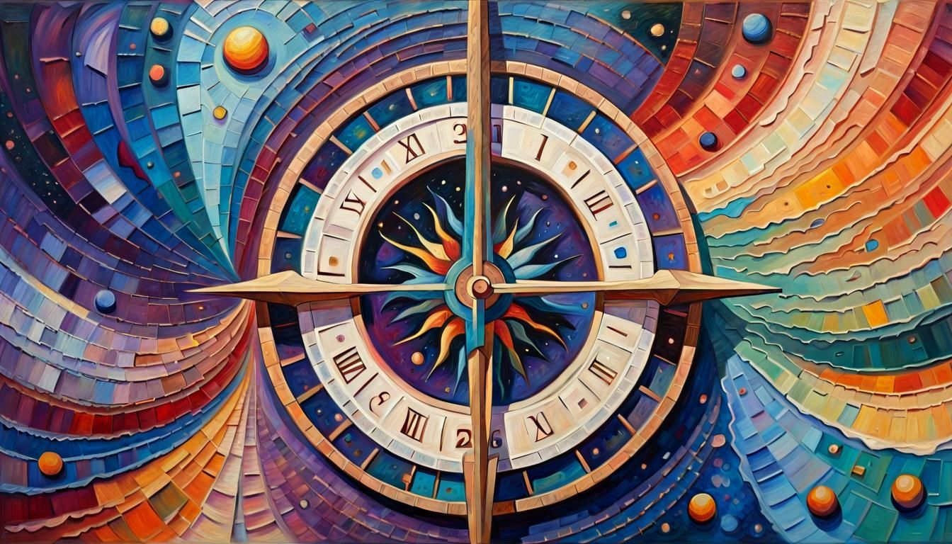 Cosmic Sundial: Neo-Impressionist Oil Painting