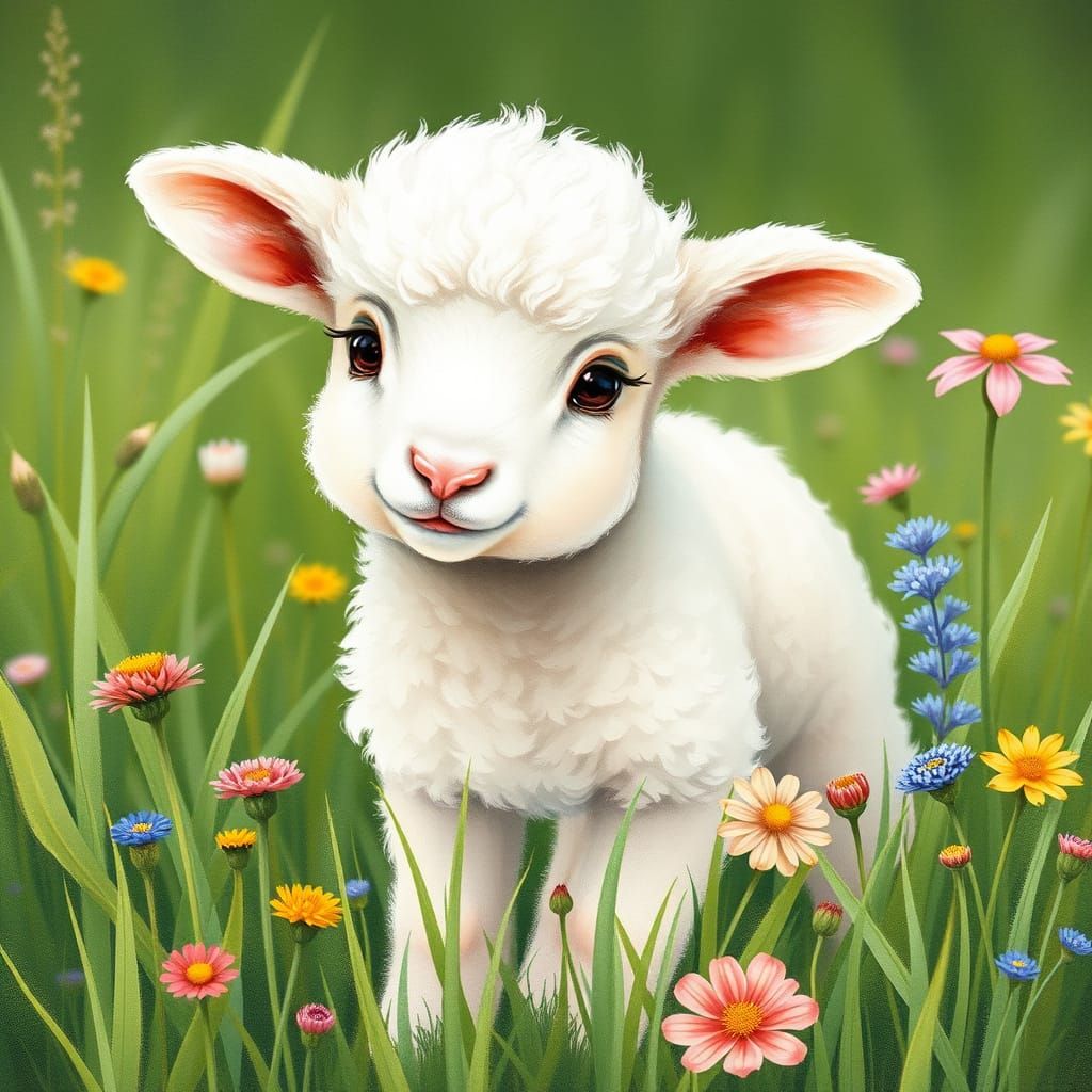Whimsical Lamb in a Lush Meadow