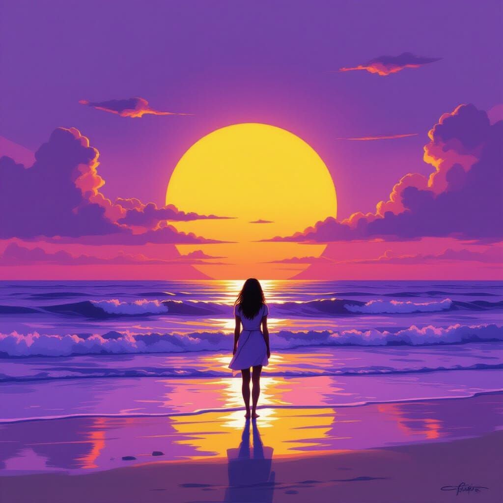 Woman on Purple Beach with Violet Sun, Surreal Art