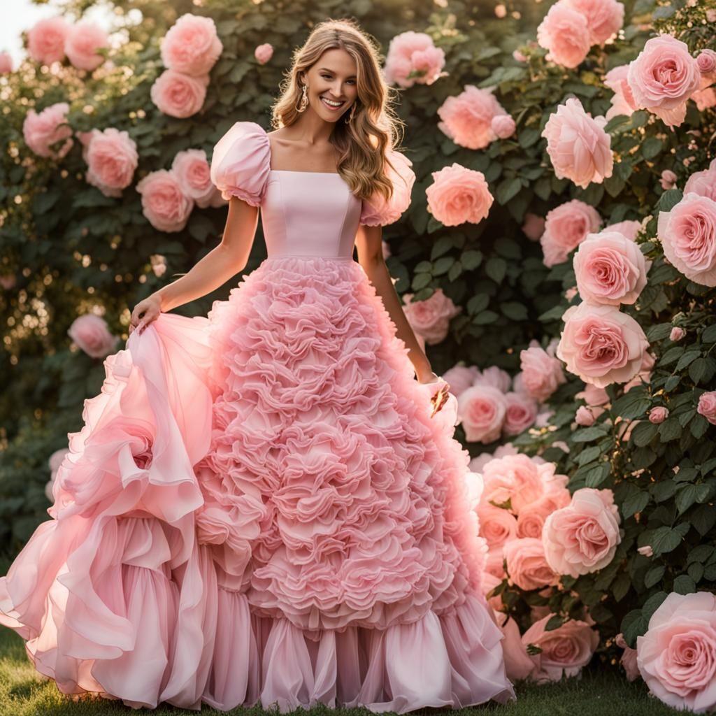 Elegant Adult Rose Dress with Ruffles