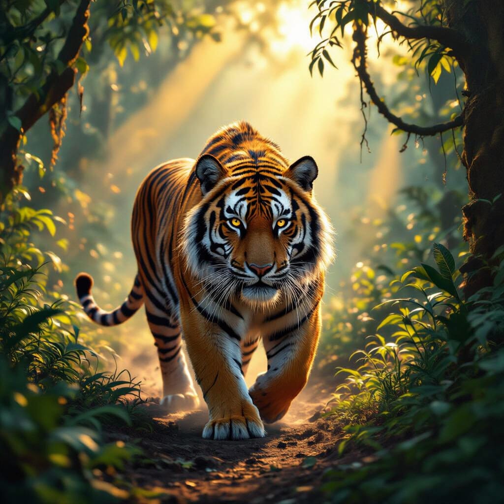 Hyperrealistic CGI Tiger in Ancient Jungle at Dusk