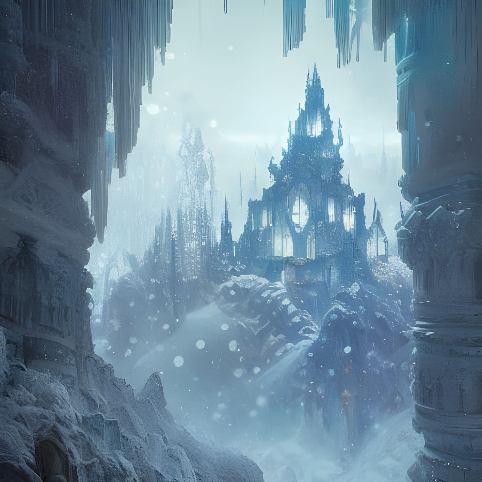 Crystal Cave Winterscape with Ancient Castle Ruins