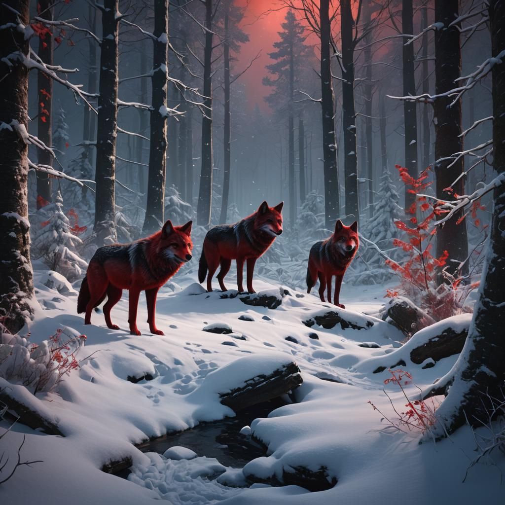 Red Wolves in Midnight Snow Forest