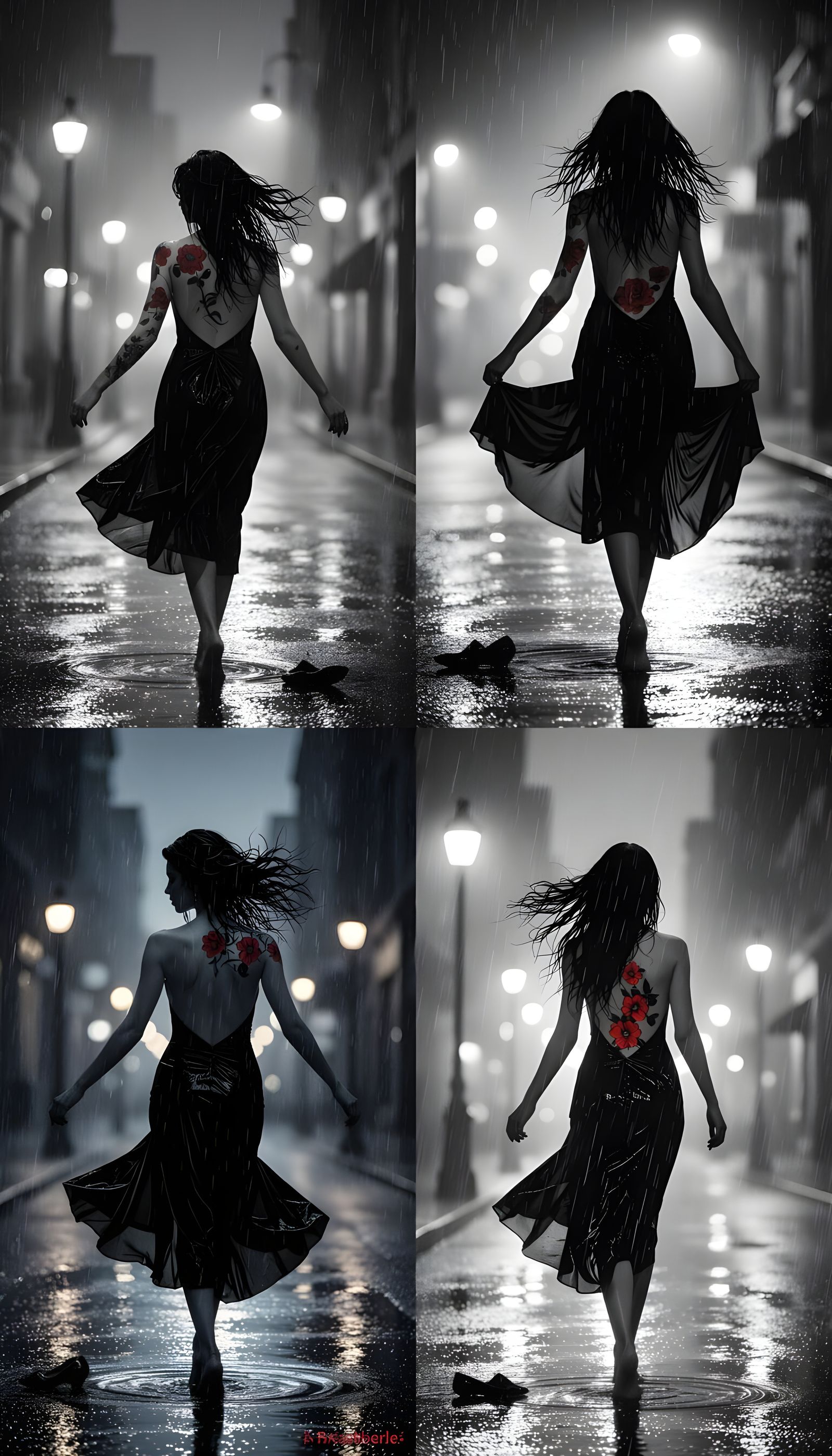 Monochrome Silhouette of Woman Dancing in Rain
