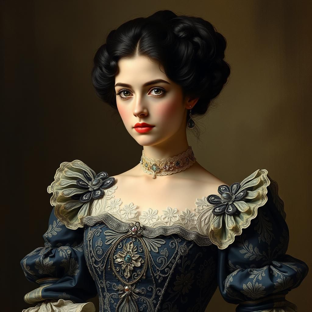 Elegant Woman in 1800s Court Dress, Aesthetic Portrait