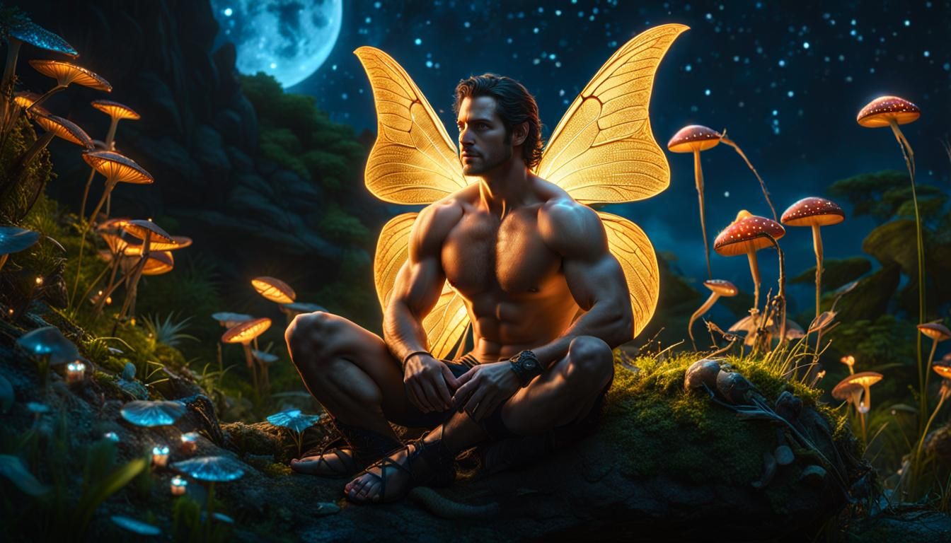 Fairy Prince on Bioluminescent Mushroom, Hyper-Realistic Fan...