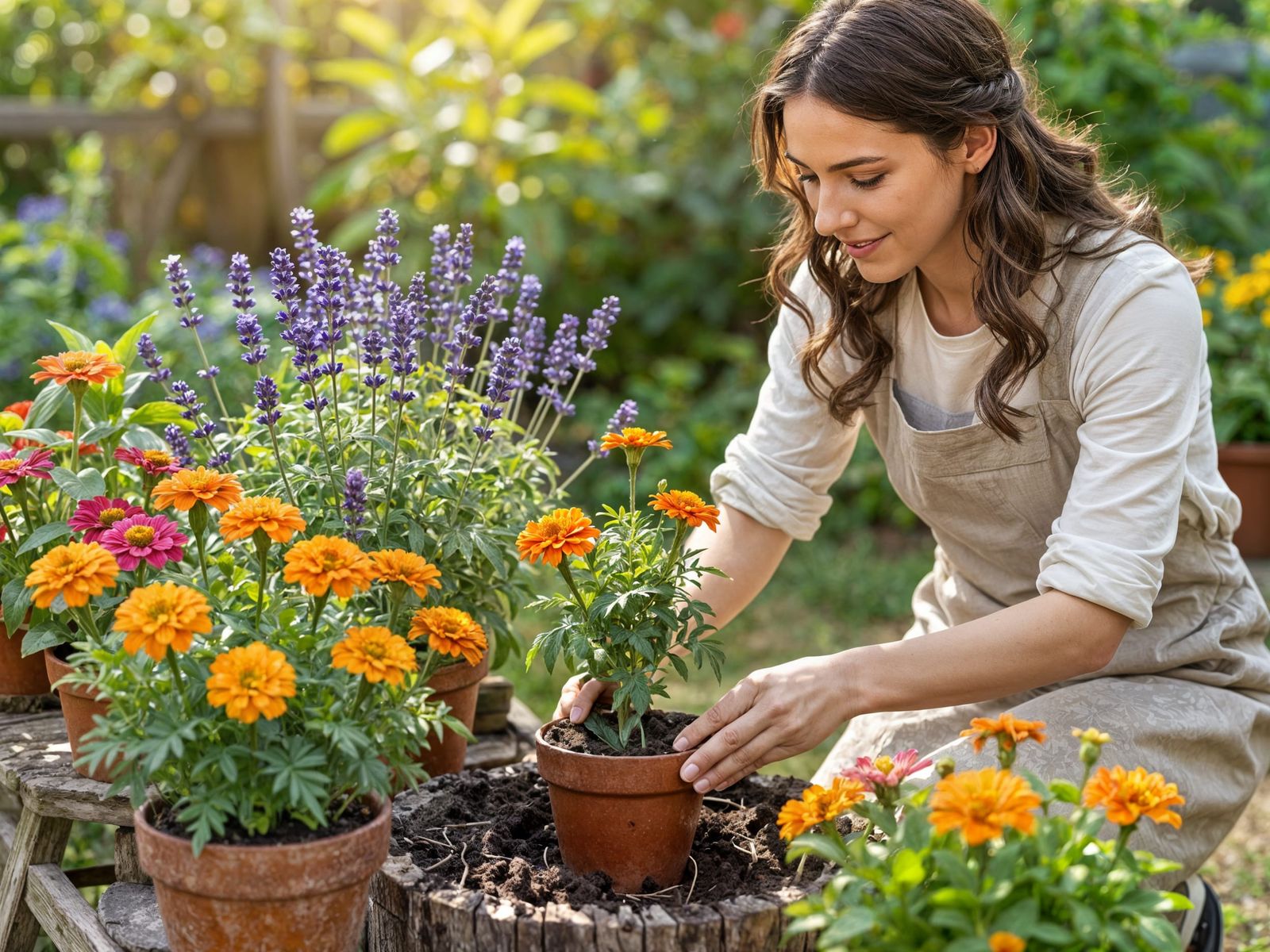 Woman Tending Vibrant Garden in Warm Sunlight