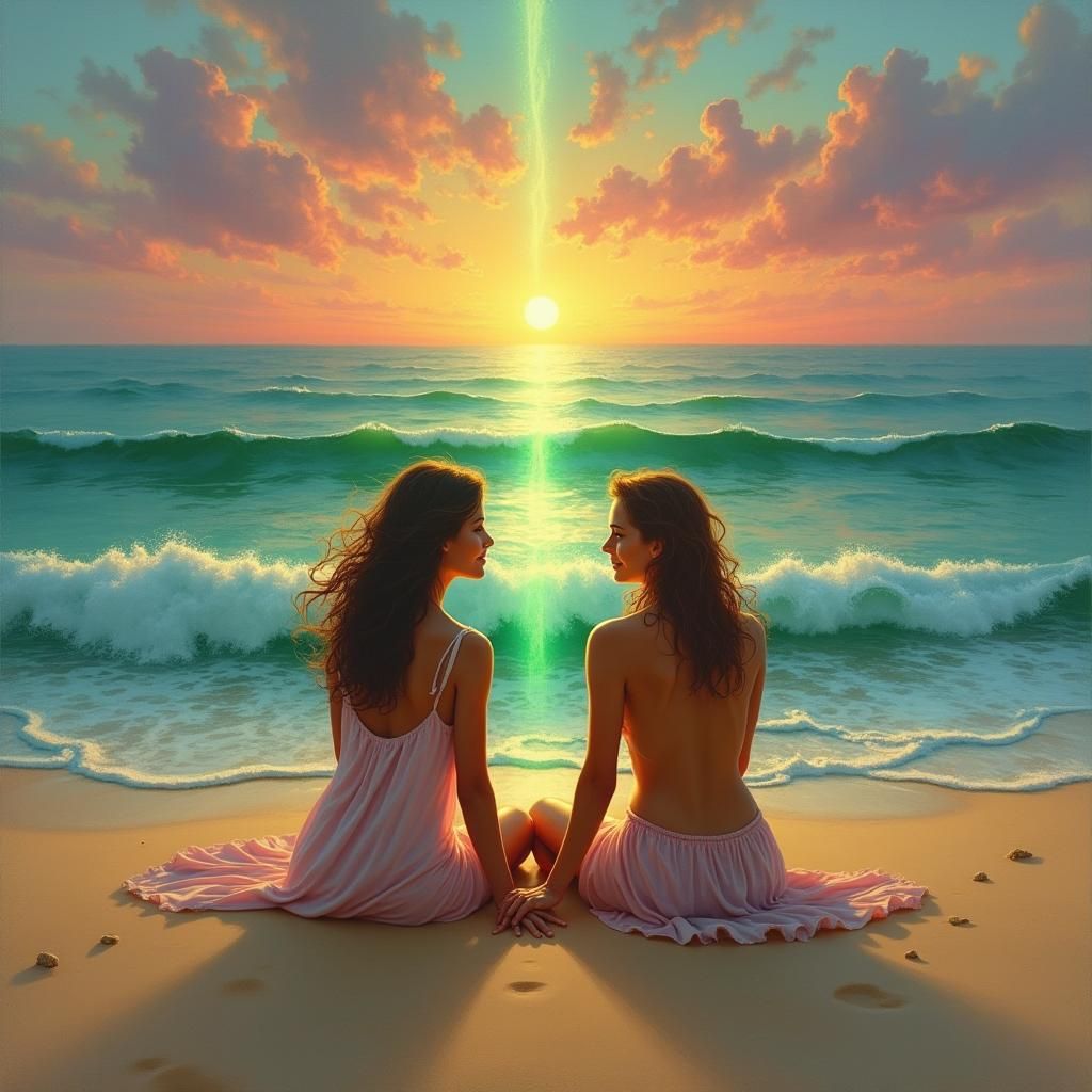 Emerald Flash Beach Scene in Dreamlike Romantic Style