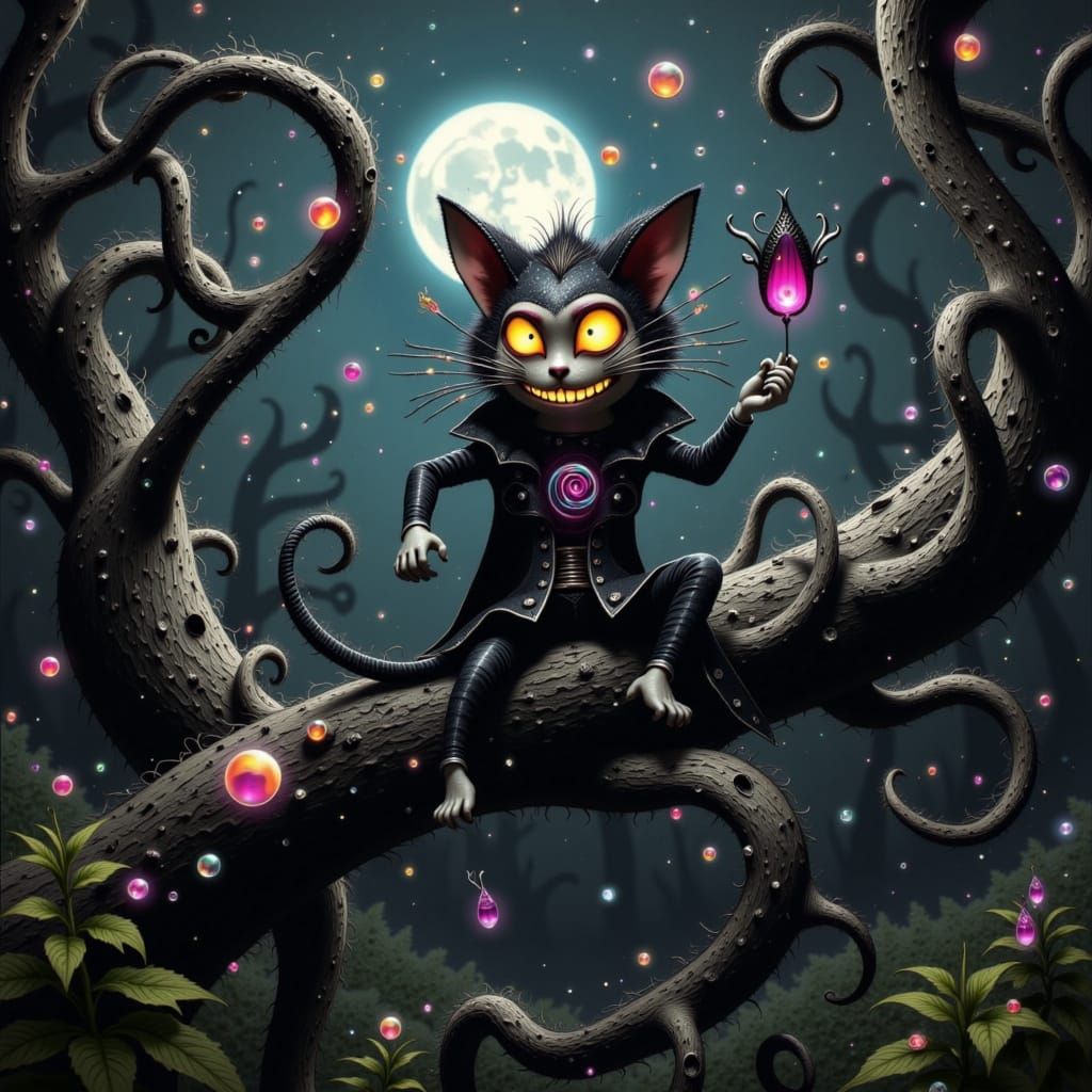 Macabre Cheshire Cat in Biomechanical Surrealism Style